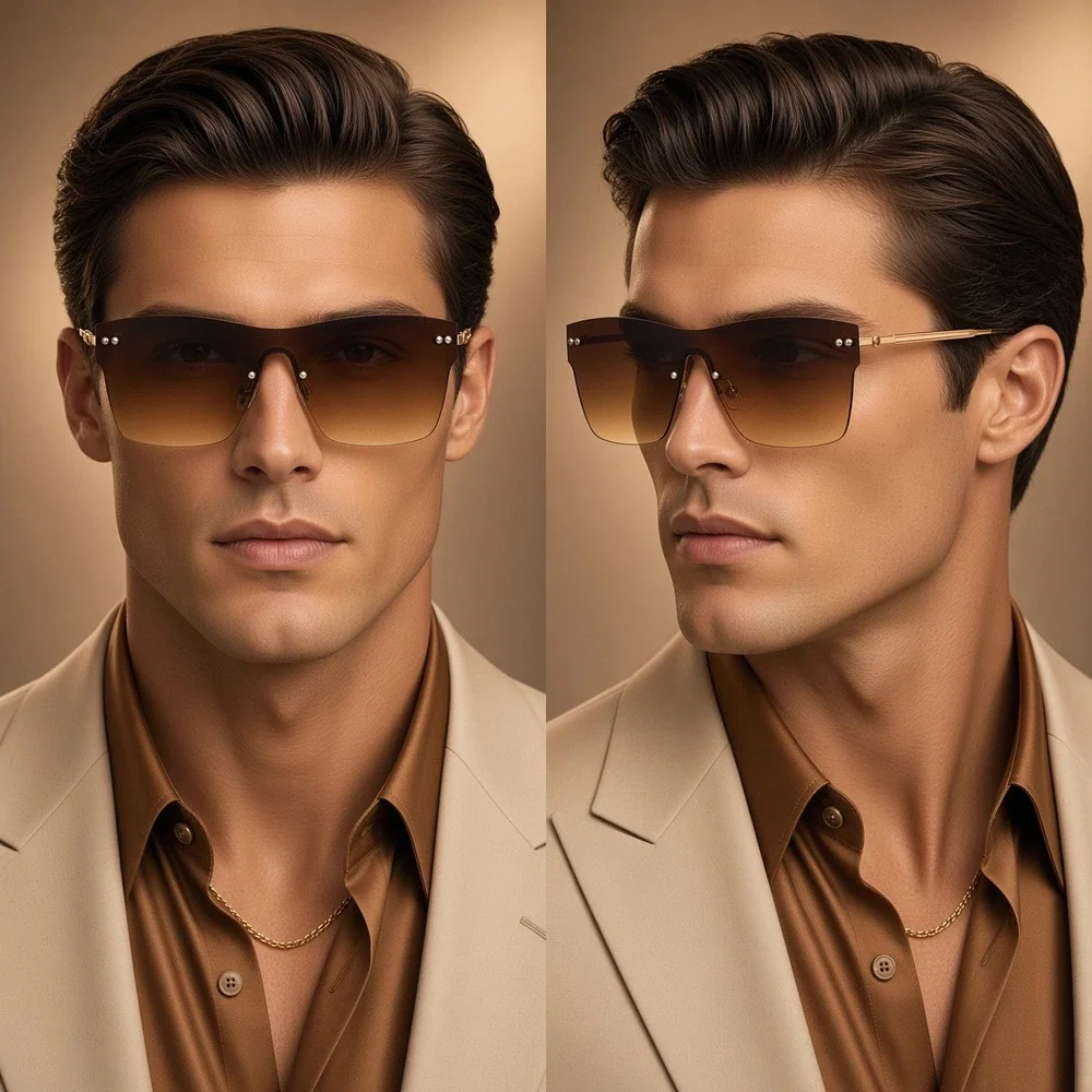 Sunglasses Men Summer Brown Lens Frameless Gold Metal Shades Retro Designer New